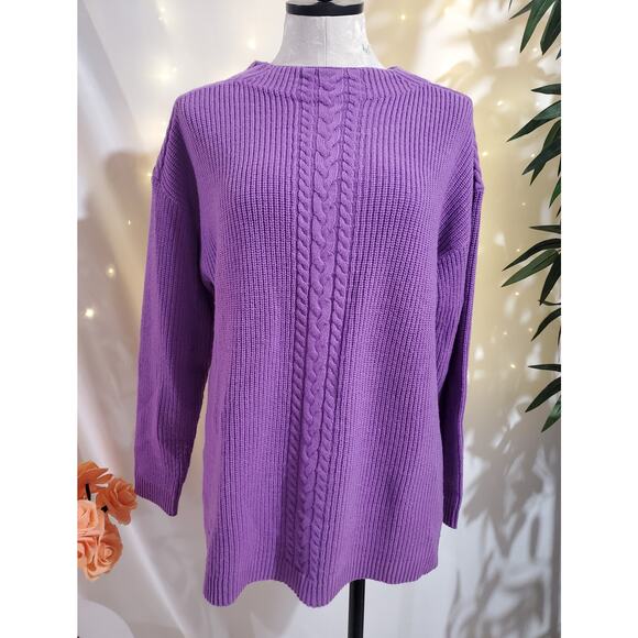 Talbots Cable Knit Lambs Wool Blend Ribbed Pullover Sweater Womens Size L Purple - Picture 1 of 8